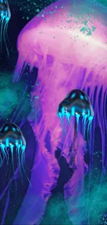 Vibrant jellyfish glowing in an electric blue underwater scene.