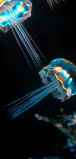 Glowing jellyfish swim gracefully in the dark ocean.