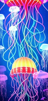 A vibrant, neon-colored jellyfish on a cosmic blue background for mobile wallpaper.