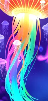 Vibrant, glowing jellyfish in deep blue ocean theme mobile wallpaper.