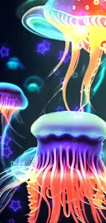 Neon jellyfish glowing in underwater scene with vibrant colors.