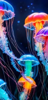 Colorful jellyfish swimming underwater in vibrant hues.