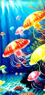 Colorful jellyfish swim peacefully in a vibrant blue ocean wallpaper.