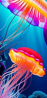 Colorful jellyfish in vibrant ocean scene wallpaper.