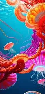 Colorful jellyfish in vibrant ocean art wallpaper.