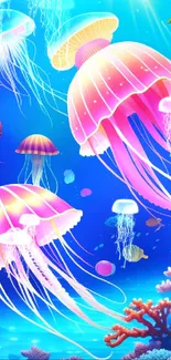 Colorful jellyfish swim in a vibrant blue ocean scene.