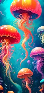 Colorful jellyfish dancing in the ocean depths, vibrant and mesmerizing mobile wallpaper.