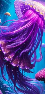 Colorful jellyfish artwork in vibrant purple and blue underwater scene.