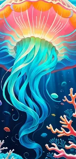 Vibrant jellyfish artwork in an underwater ocean scene.