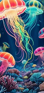 Colorful jellyfish swim above vibrant corals in this stunning ocean-themed wallpaper.