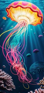 Colorful jellyfish glows underwater in vibrant ocean scene wallpaper.