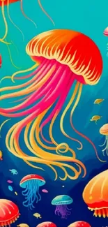 Vibrant ocean wallpaper with colorful jellyfish and marine life.