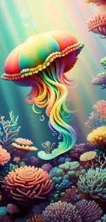 Vibrant rainbow jellyfish floats above colorful coral in ocean wallpaper.