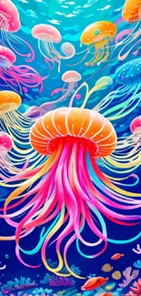 Vibrant, colorful jellyfish swimming in deep blue ocean wallpaper.