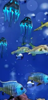 Vibrant fish and jellyfish in a deep blue ocean wallpaper.