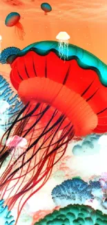 Colorful jellyfish swimming above vibrant corals in ocean scene.