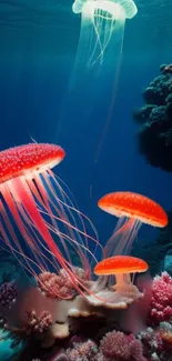 Orange jellyfish swimming in a vibrant blue ocean scene with coral reefs.