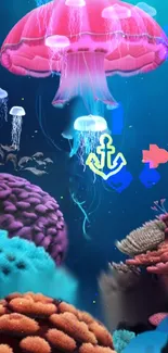 Colorful underwater scene with jellyfish and coral.