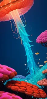 Vibrant underwater scene with jellyfish and colorful coral reefs.