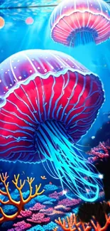 Vibrant jellyfish swim in a colorful ocean, illuminated by sunlight.