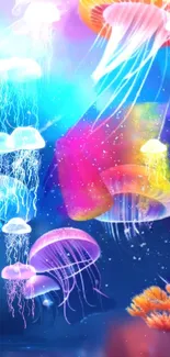 Vibrant jellyfish swim in a colorful, dreamy ocean background.