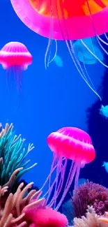 Pink jellyfish swimming in vibrant coral reef.