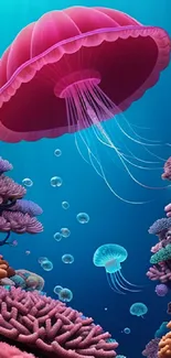 Colorful jellyfish and coral reef in vibrant ocean wallpaper.