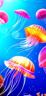 Colorful jellyfish swimming in a vivid blue ocean wallpaper.