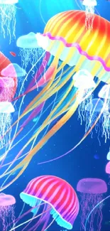 Colorful jellyfish swimming in an ocean scene mobile wallpaper.