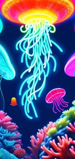 Neon jellyfish above colorful coral create vibrant ocean scene.