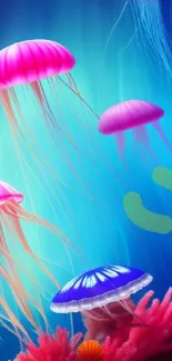 Vibrant pink and blue jellyfish glide gracefully over colorful coral in a deep ocean realm.