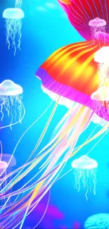 Vibrant jellyfish with colorful corals in a blue ocean scene for mobile wallpaper.