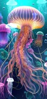 Vibrant jellyfish in glowing ocean scene, perfect for mobile wallpaper.