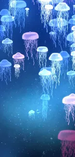 Colorful jellyfish float in a vibrant blue ocean scene.