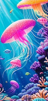 Colorful jellyfish swim above coral in a vibrant underwater scene.