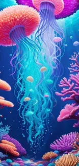 Vibrant jellyfish and coral in an ocean scene wallpaper.