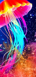 Vibrant jellyfish swimming in colorful ocean scene with coral.