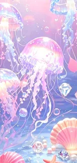 Vibrant fantasy ocean scene with jellyfish and seashells.