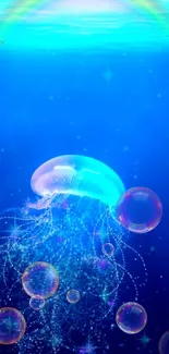 Glowing jellyfish with bubbles in a vibrant blue ocean background.