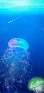 Vibrant glowing jellyfish in a deep blue ocean wallpaper.