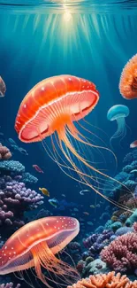 Vibrant ocean wallpaper with jellyfish and coral reefs.