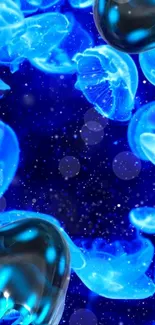 Blue jellyfish floating in a vibrant ocean scene.