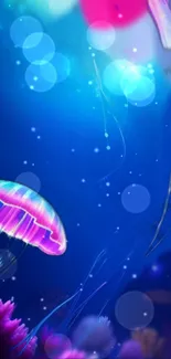 Vibrant jellyfish glowing in the deep ocean with colorful aquatic designs.