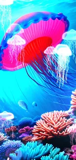 Vibrant jellyfish with corals in a blue ocean backdrop.