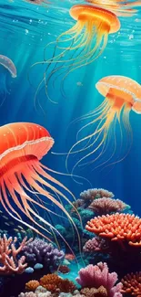 Vibrant wallpaper with jellyfish and corals underwater.