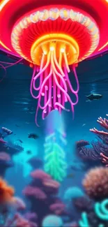 Colorful jellyfish illuminates an ocean scene with vibrant, neon hues.