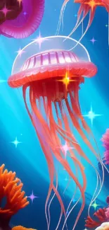 Vibrant jellyfish and coral in a blue ocean. Perfect marine life wallpaper.