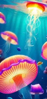 Colorful jellyfish swim under the ocean waves, glowing with vibrant hues.