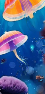 Colorful jellyfish swim in vibrant ocean wallpaper.