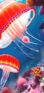 Colorful jellyfish swimming in vibrant ocean scene.